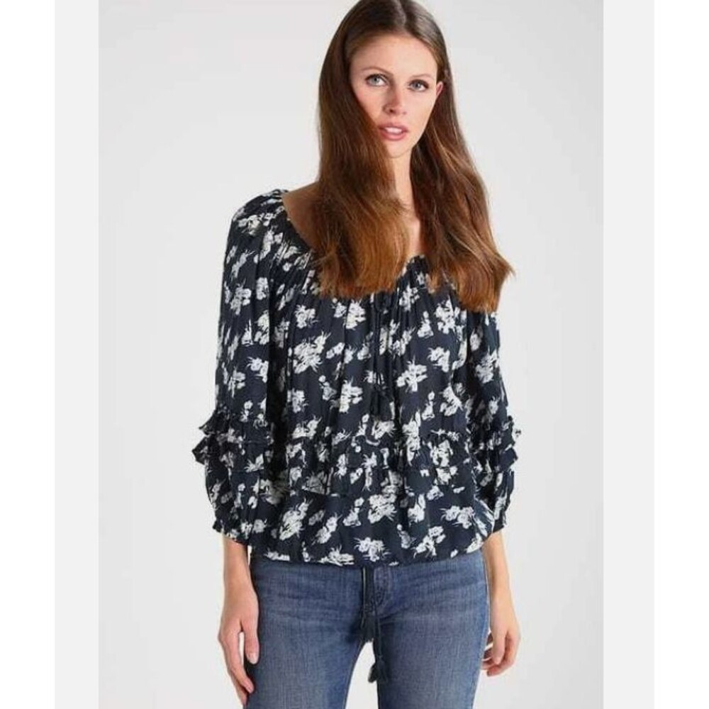 Denim and Supply Ralph Lauren Boho Top Women Large Blue Floral Cottage Peasant